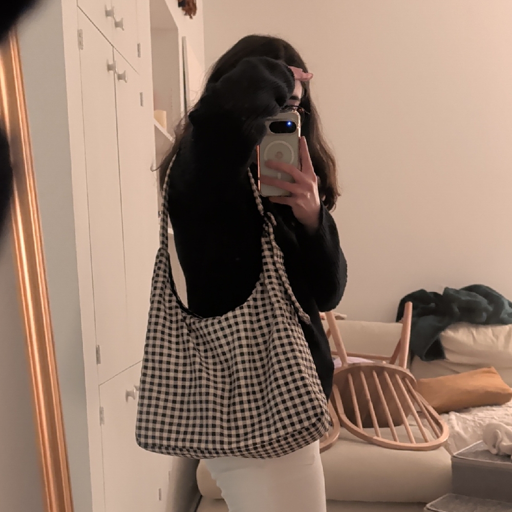 Checked Shoulder Tote Bag in Black and White